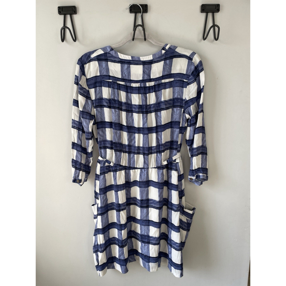 Maeve for Anthropologie Navy Blue And White 3/4 Sleeve Plaid Mini Dress Medium - Picture 5 of 14